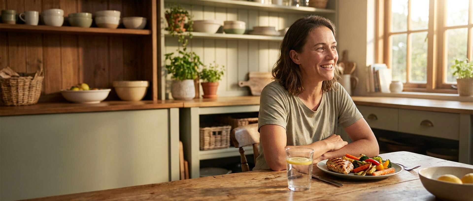 A person enjoying a simple, nourishing meal in a bright, sunlit kitchen
