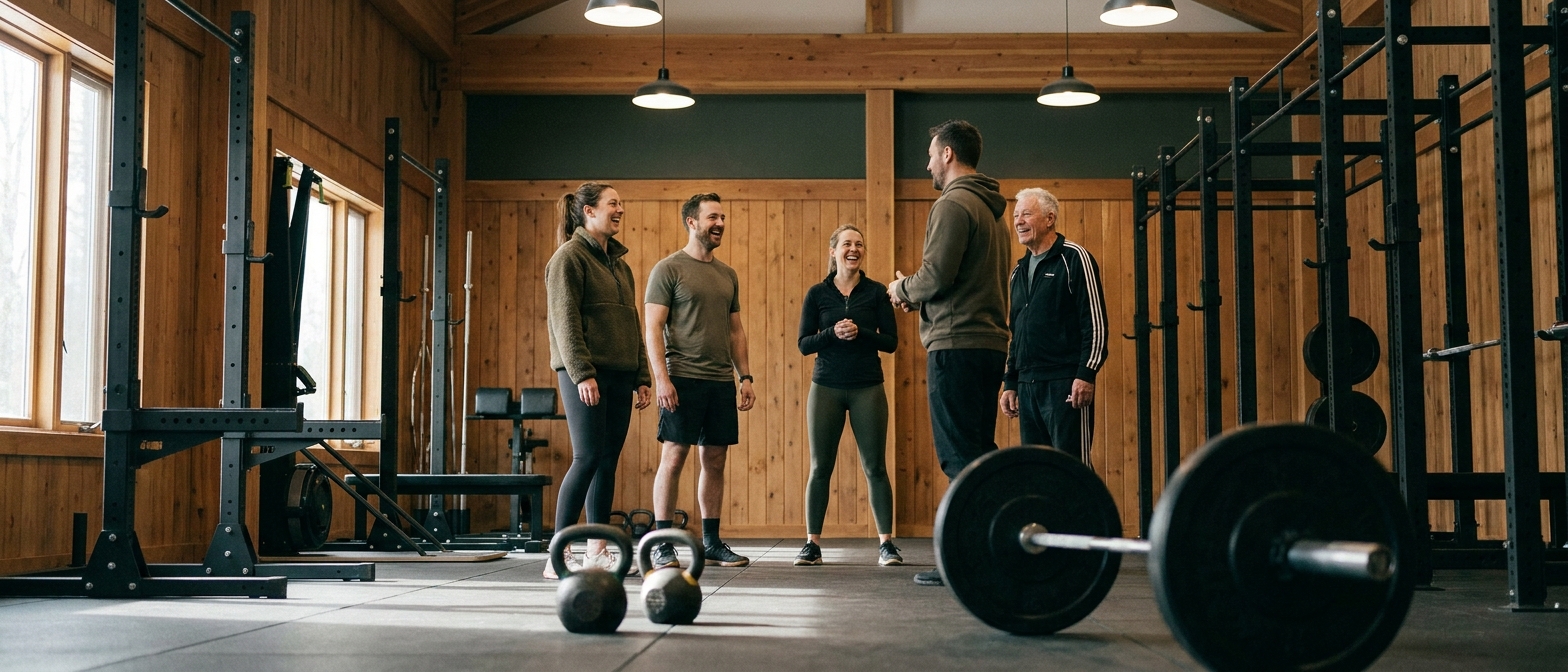 Members and a coach talking after a workout at Timber & Steel gym in Nampa